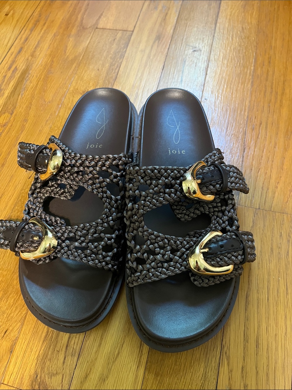 Joie Woven Double-Buckle Slide Sandals in Brown with Gold Buckles